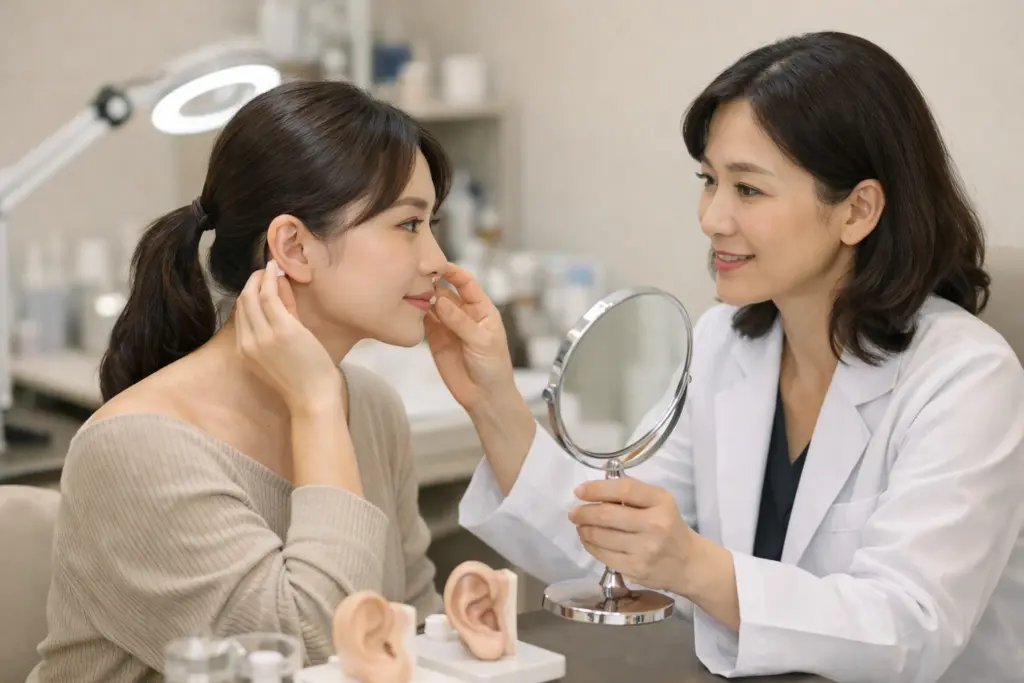 شابة مع طبيبة تفحص نتيجة عملية تجميل الأذن