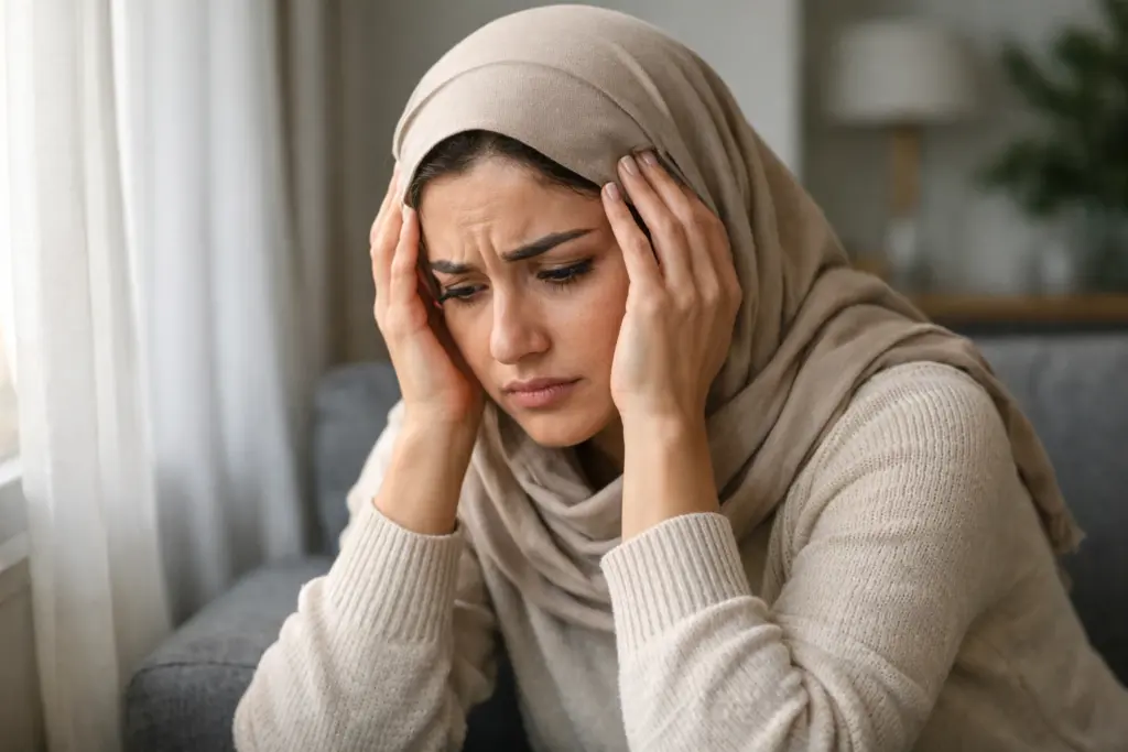 امرأة متعبة تمسك برأسها بيديها