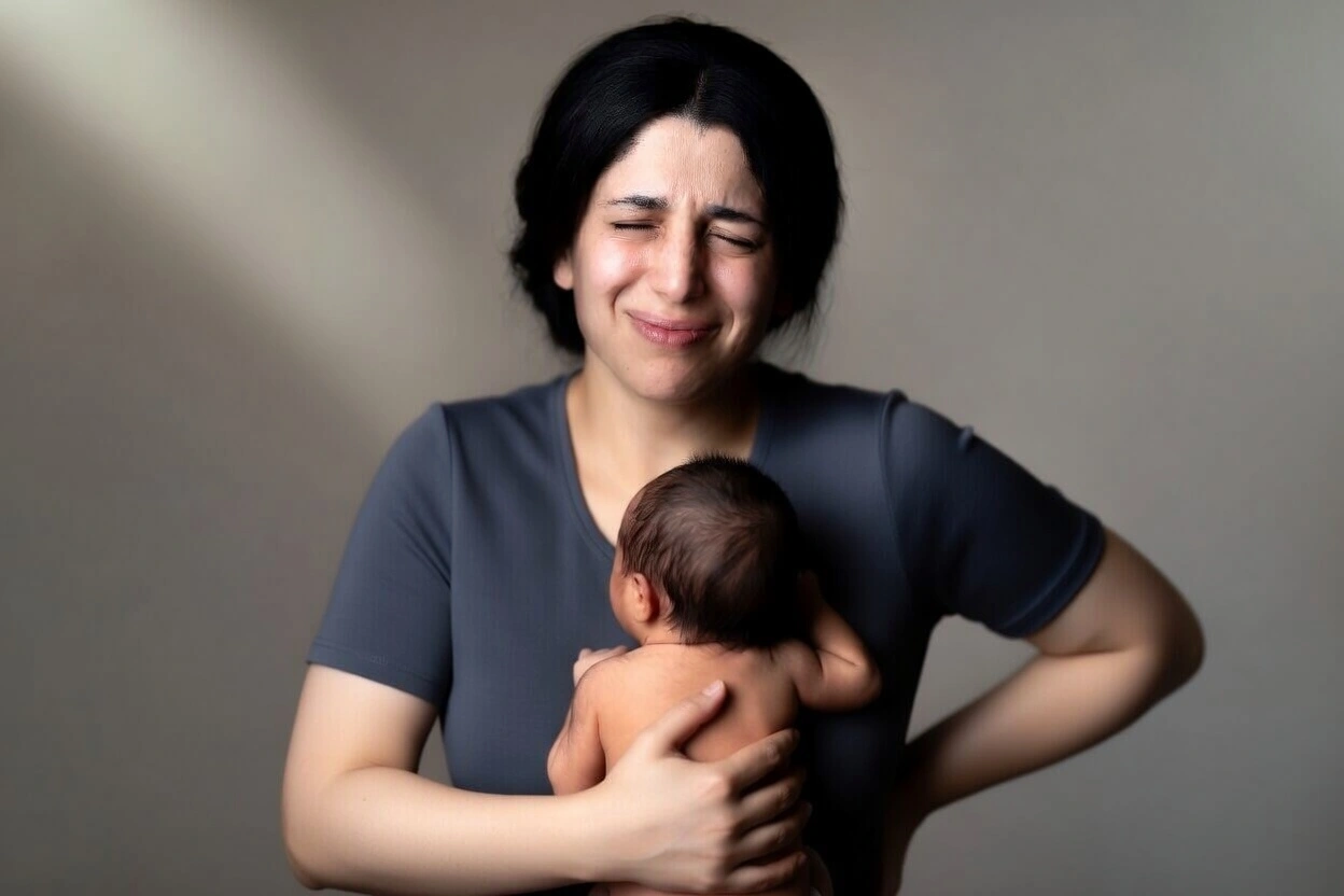 أم تحمل رضيعها وتتألم من ظهرها