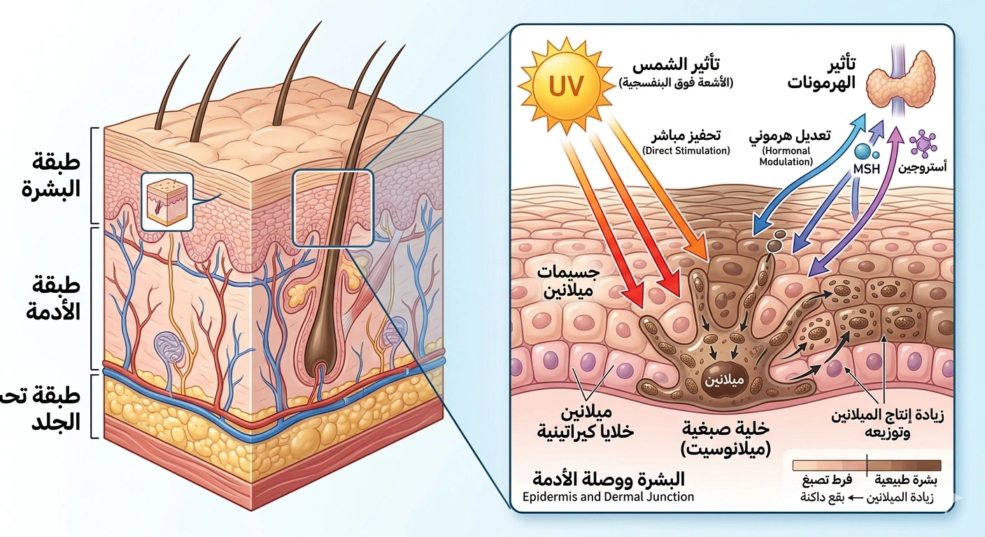 تصميم توضيحي لطبقات الجلد مع إبراز زيادة إنتاج الميلانين داخل الخلايا الصبغية