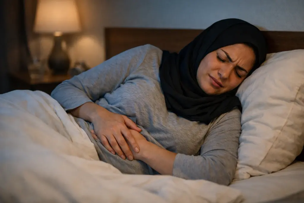 امرأة مصابة بتوعك في المعدة