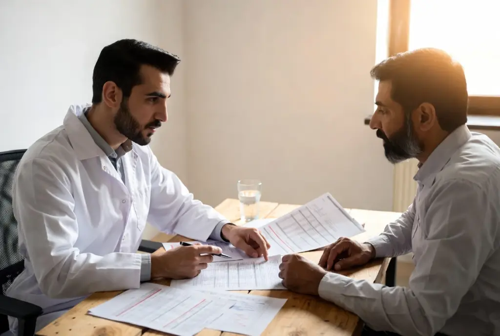شاب يتحدث مع طبيب في عيادة