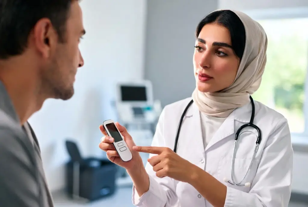 طبيبة تتحدث مع مريض حول جهاز تحكم بمضخة الإنسولين