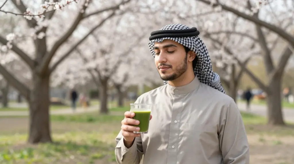 شاب يشرب الماتشا في الخارج
