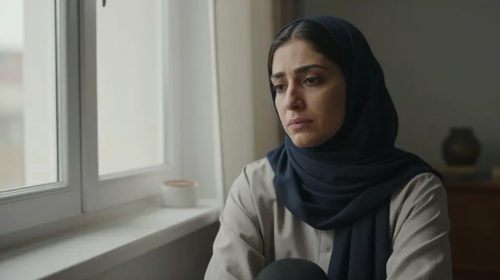امرأة حزينة تجلس بجانب النافذة
