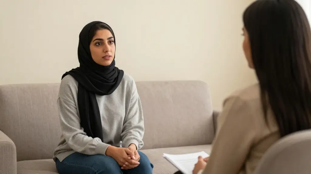 امرأة شابة تتحدث مع أخصائية نفسية