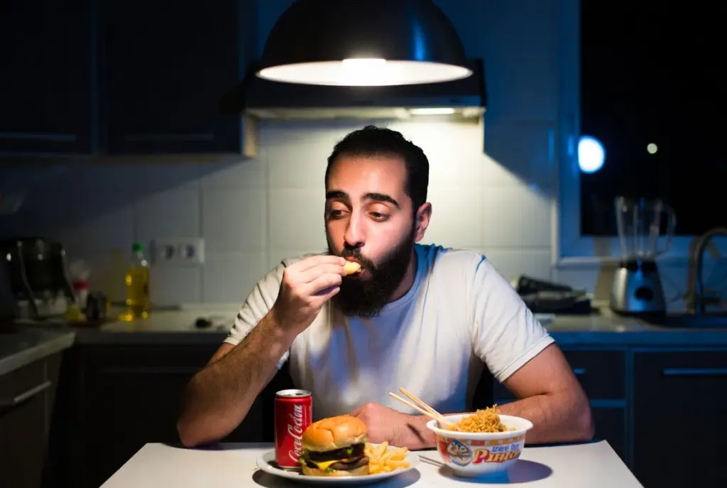 شاب يتناول وجبة سريعة ليلًا