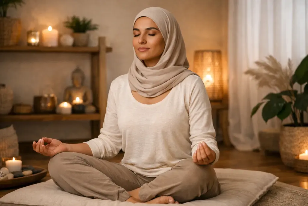 امرأة شابة تمارس تمارين التأمل والاسترخاء