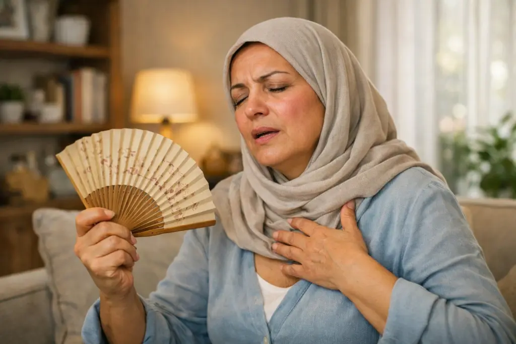 امرأة تعاني من الحر وتستخدم مروحة يدوية