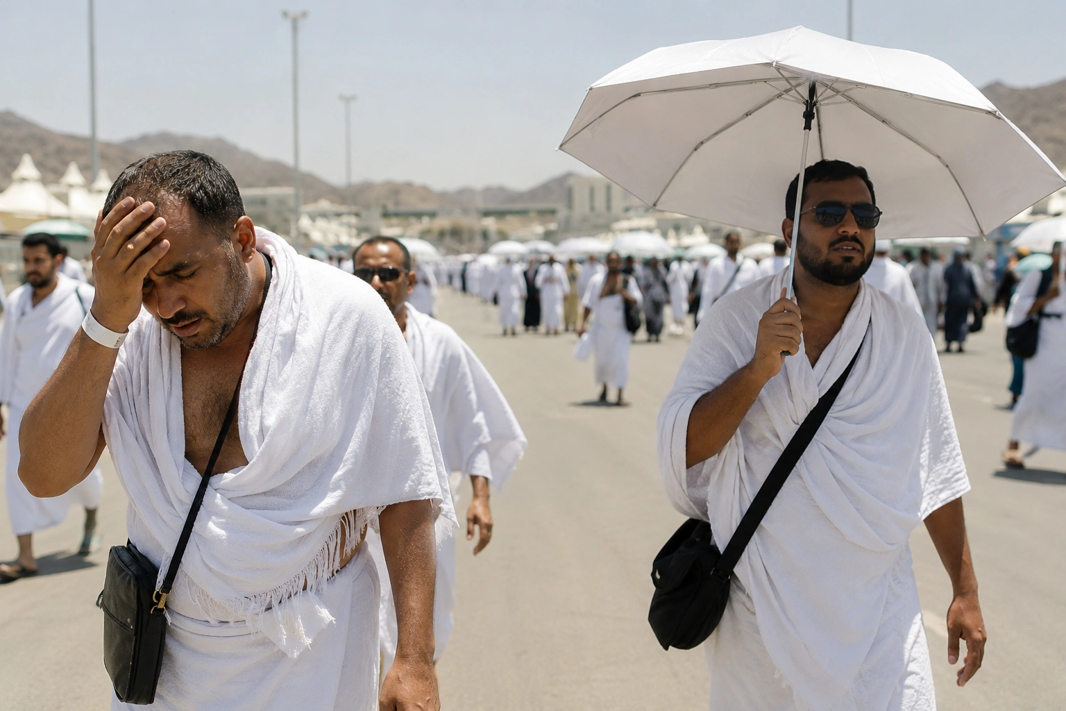 صورة تظهر حاجين أحدهما يعاني من الإرهاق بسبب الجفاف