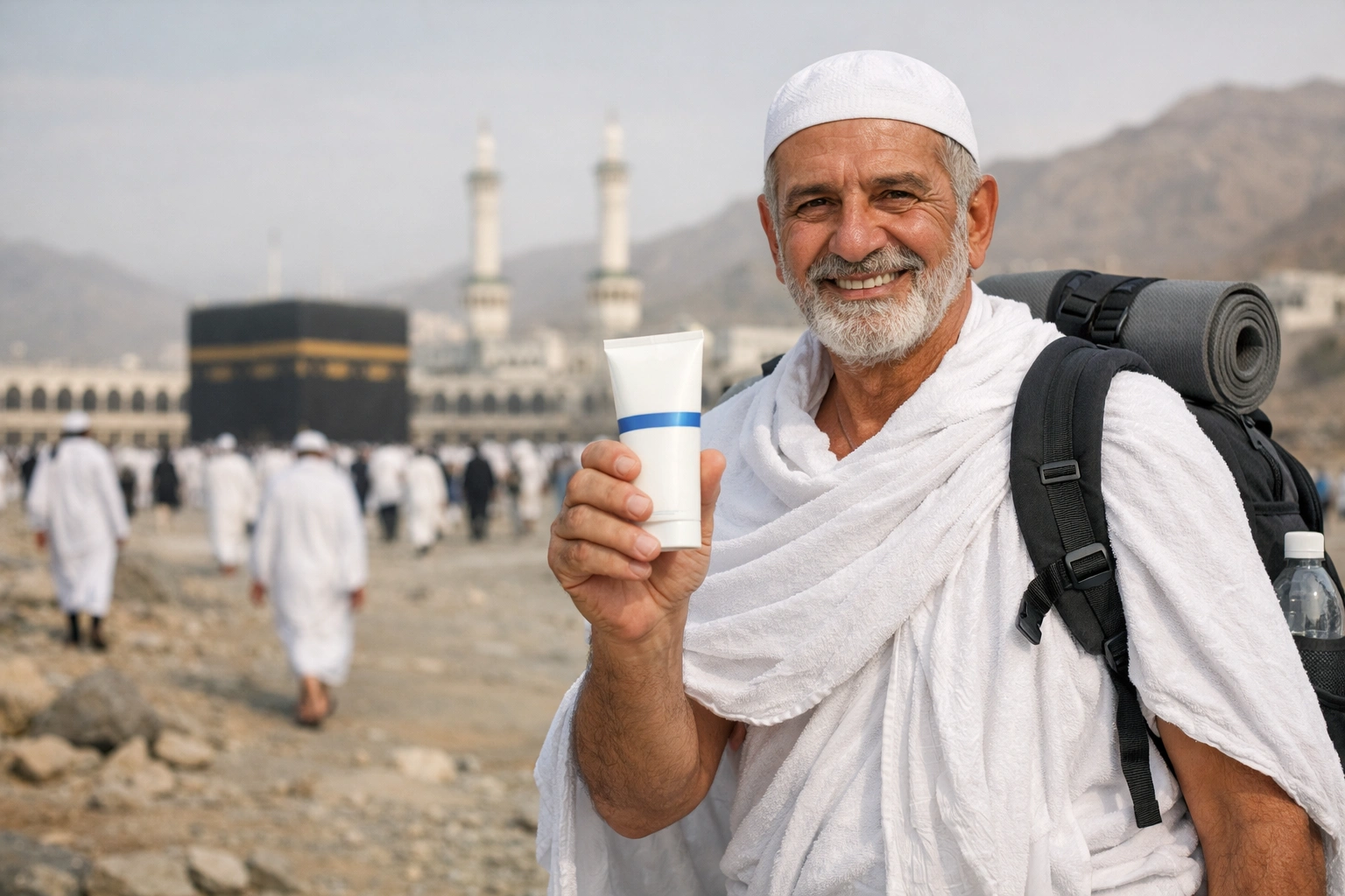 حاج يحمل كريم الترطيب للوقاية من التسلخات في الحج