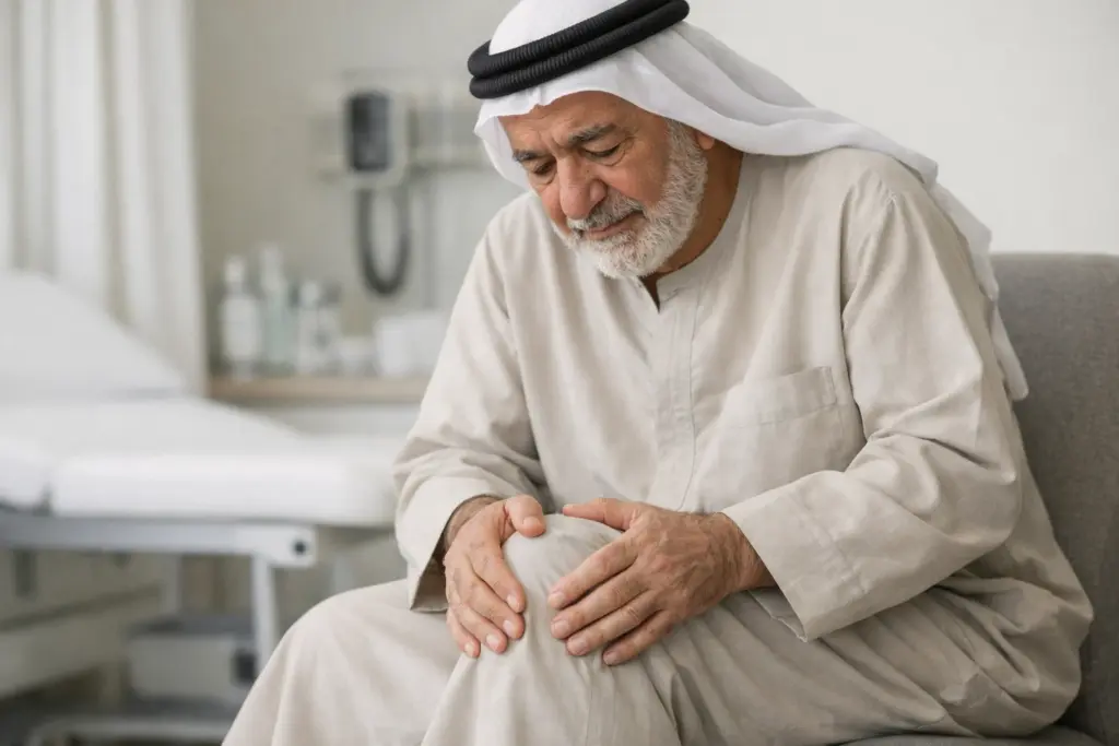 رجل كبير في السن يعاني من ألم الركبة بسبب تأثير البرد على المفاصل