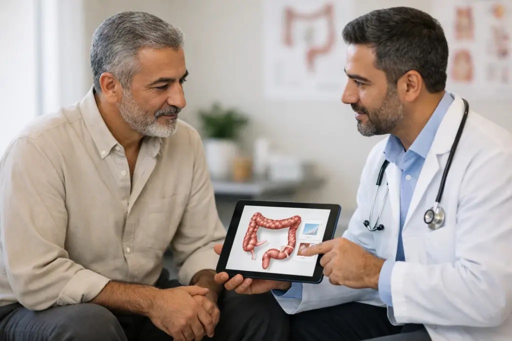 طبيب يتحدث مع مريض حول اضطرابات القولون