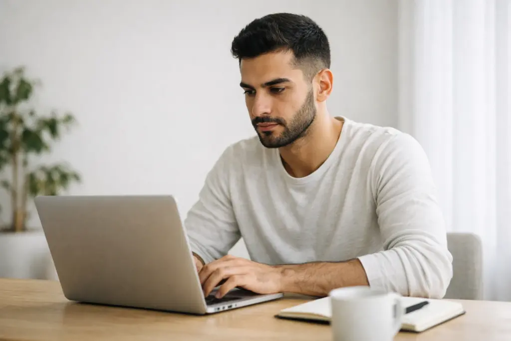 شاب يعمل بتركيز