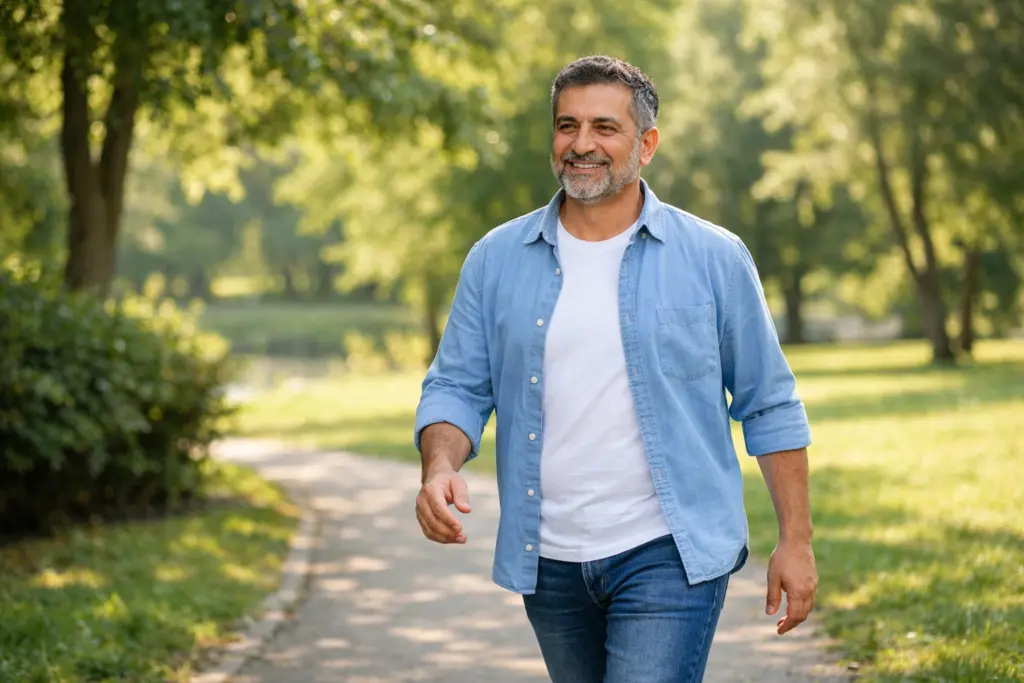 رجل يمشي في الخارج بصحة جيدة