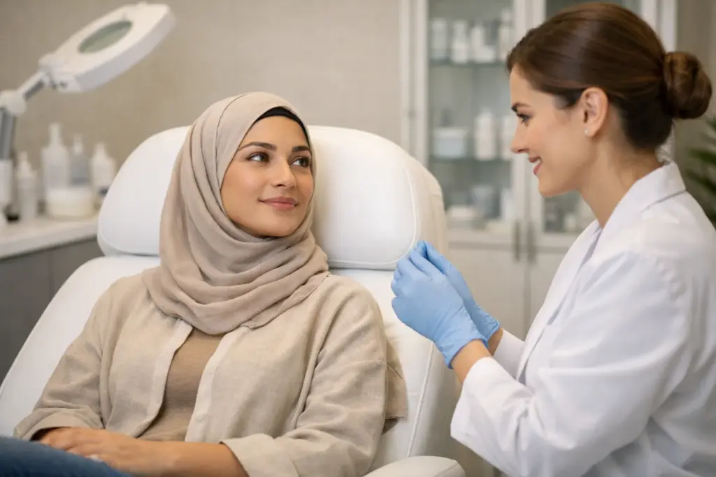 شابة في عيادة تجميل تتحدث مع طبيبة