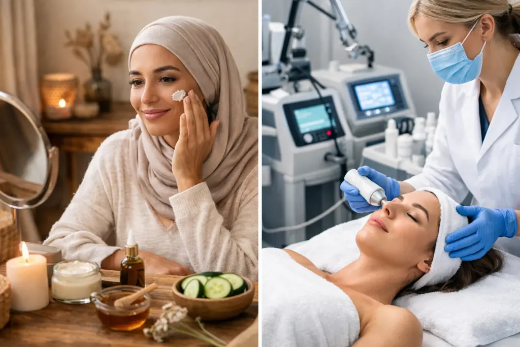 صورة تظهر وضعين مختلفين لامرأة تخضع لإجراء تجميلي وأخرى تعتني ببشرتها