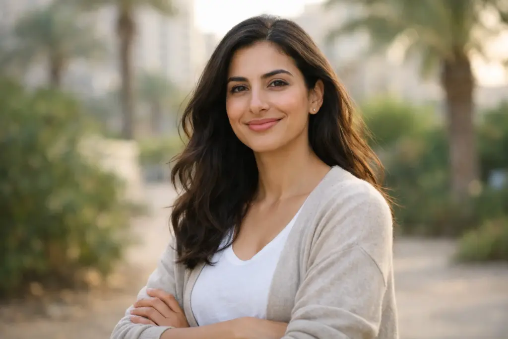 امرأة جميلة تقف في الخارج بابتسامة واثقة