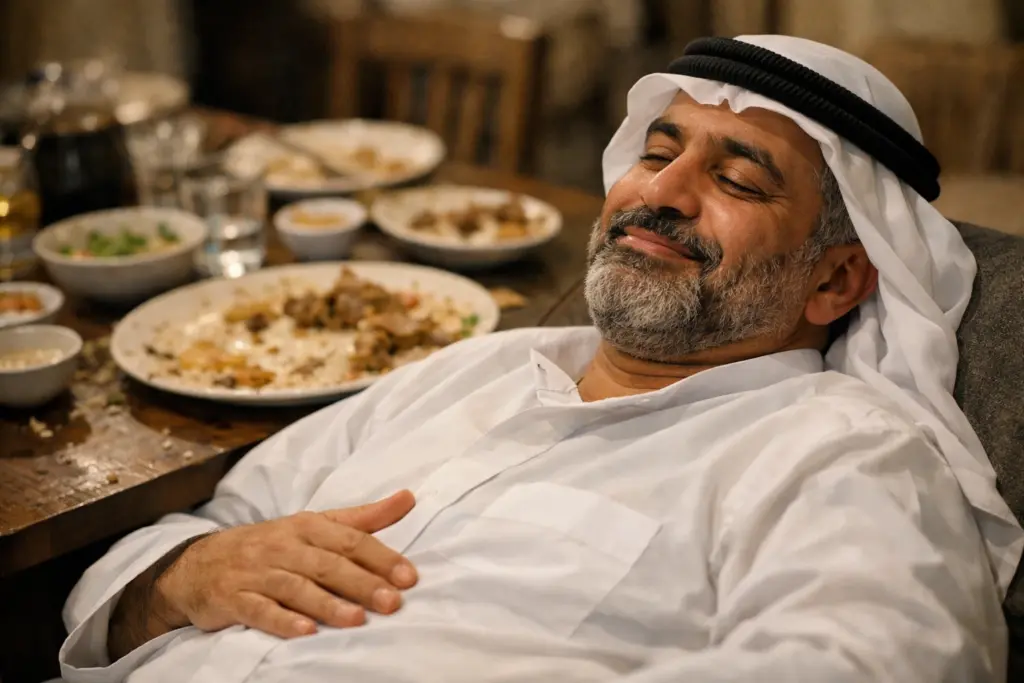 رجل مصاب بالتخمة بعد تناول الطعام