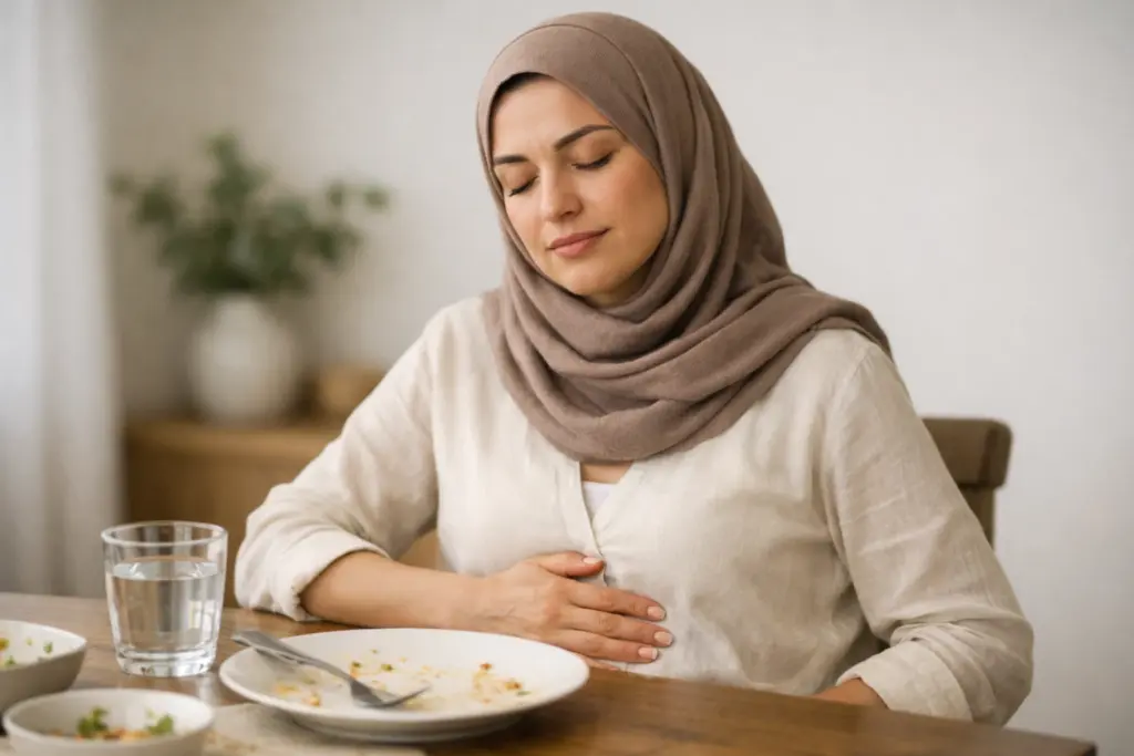 امرأة مصابة باضطراب الهضم بعد تناول الطعام
