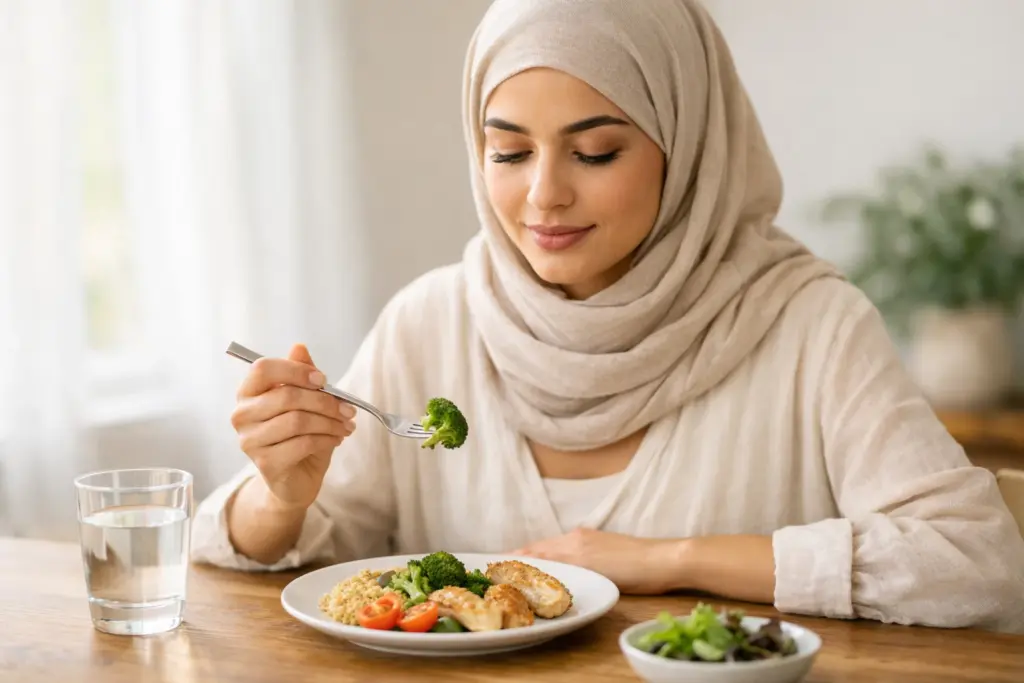امرأة شابة تستمتع بطعامها