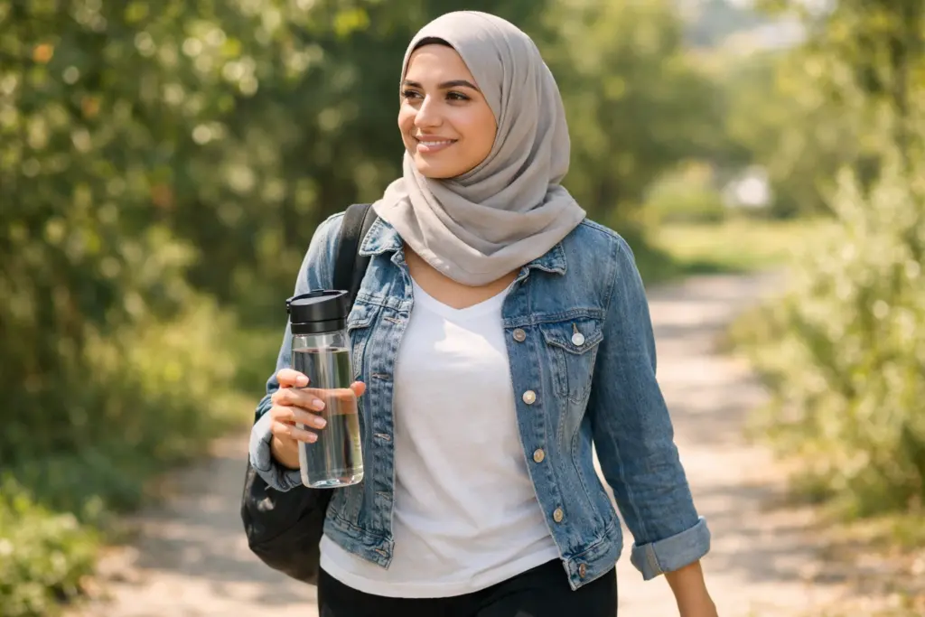 امرأة شابة تمشي في الخارج مع زجاجة ماء