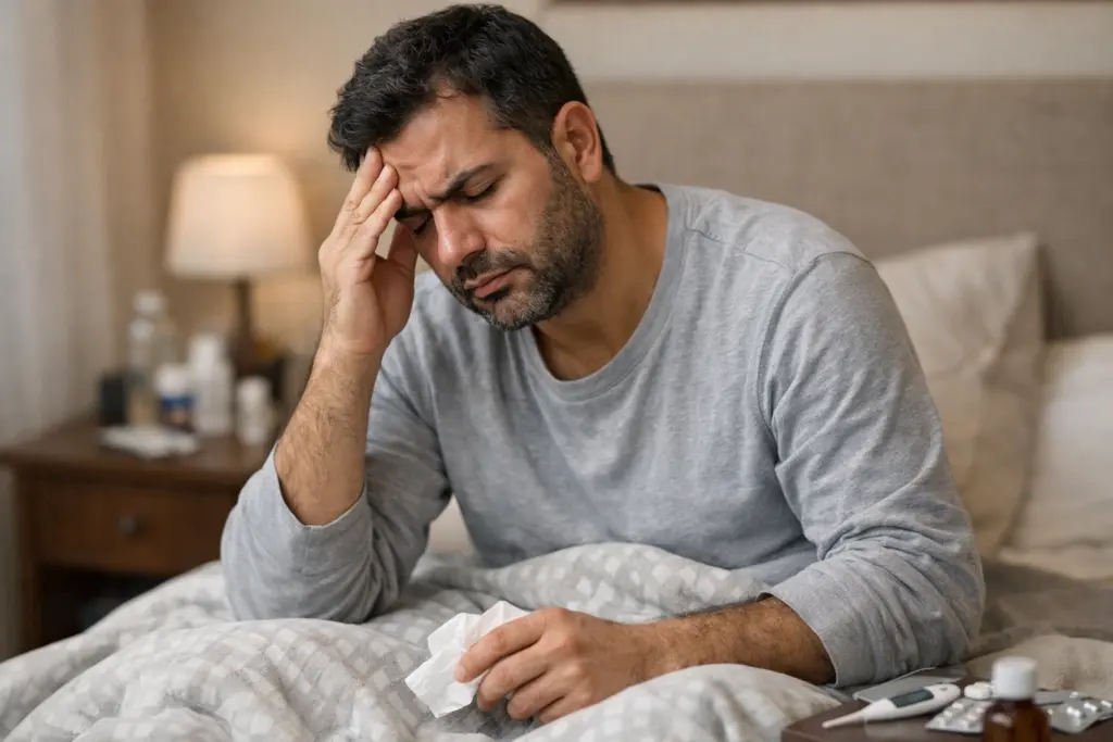 رجل يجلس في سريره ويعاني من التعب