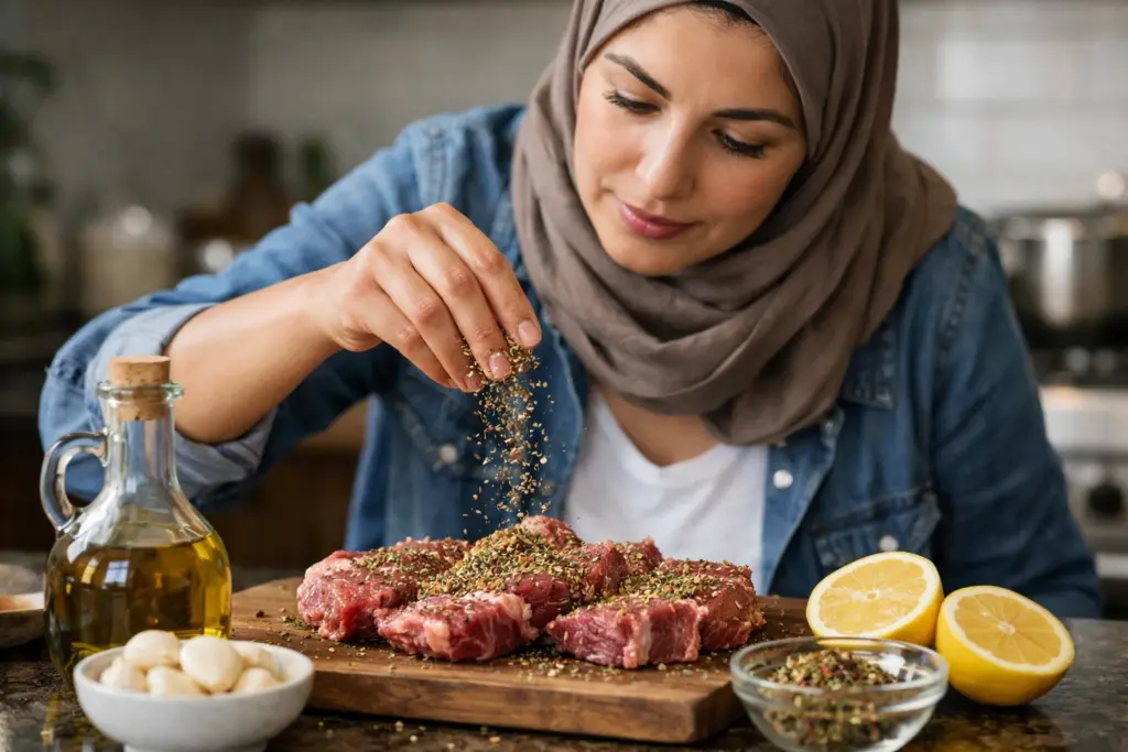 امرأة تتبل اللحم في المطبخ