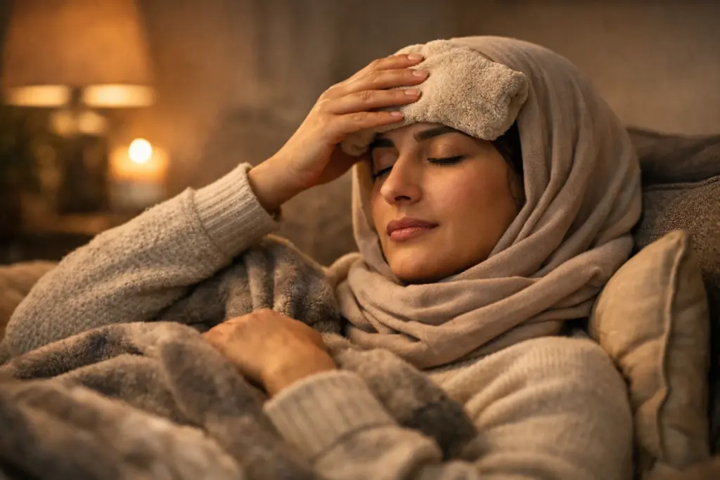 شابة تضع كمادة على رأسها