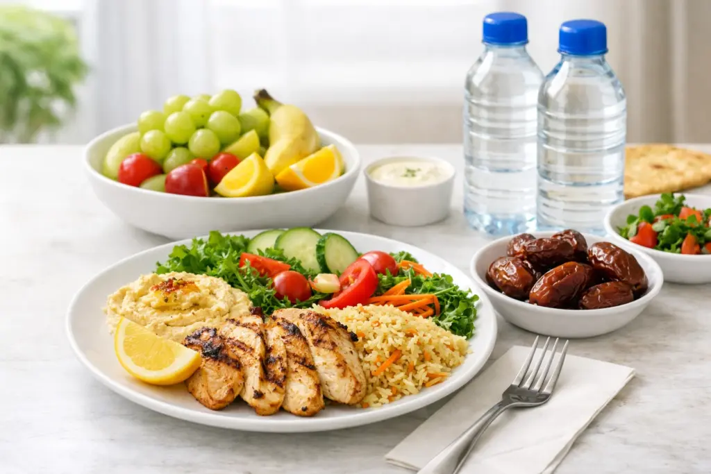 وجبة طعام صحية مع تمر وماء