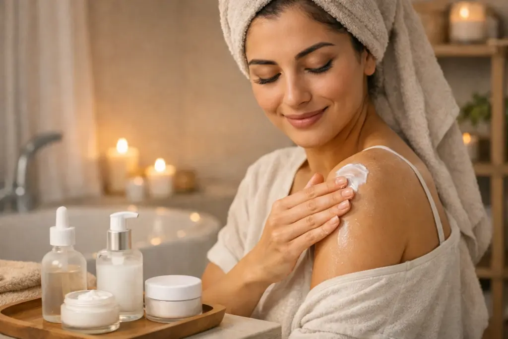 امرأة شابة تدهن كريم مرطب