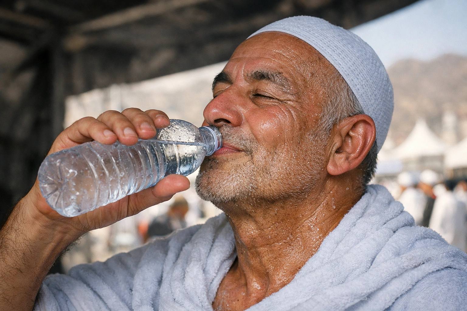 حاج يشرب الماء للوقاية من الجفاف خلال الحج