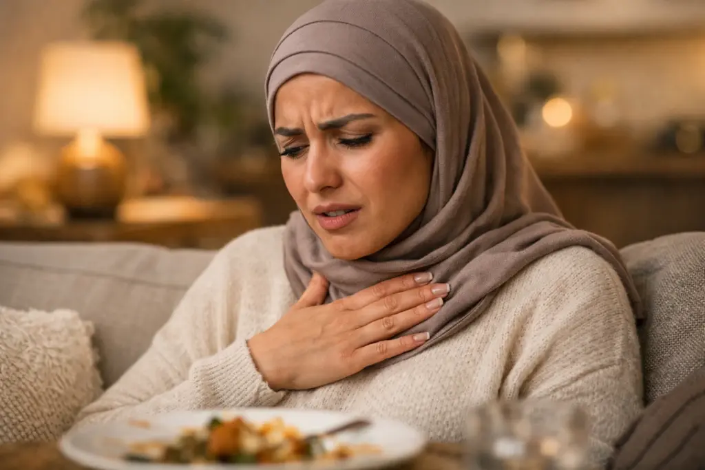 امرأة تعاني من حرقة المعدة