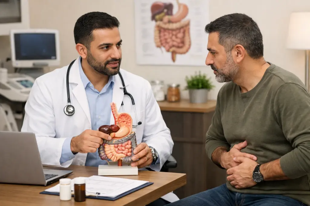 رجل يتحدث إلى طبيب في عيادة هضمية عن علاج ارتجاع المريء