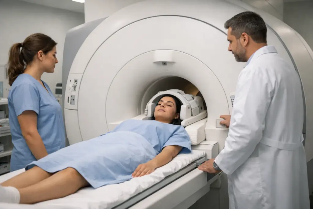 مريضة تخضع للتصوير بالرنين المغناطيسي بعد التأكد من متى يطلب الطبيب CT ومتى يطلب MRI؟