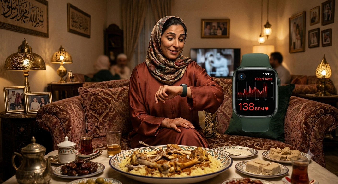 امرأة تشاهد ساعتها الذكية بعد تناول وليمة عيد الأضحى