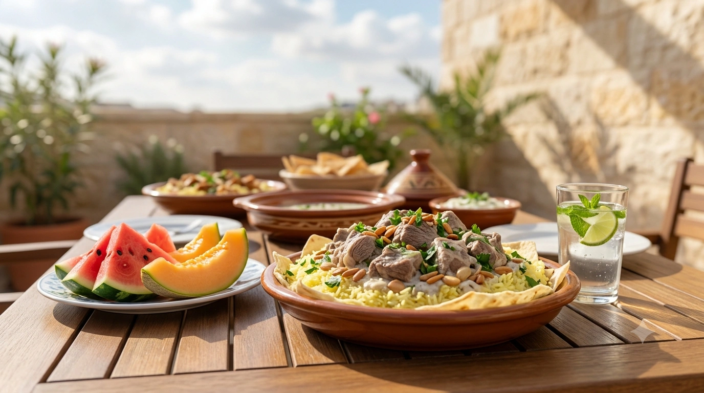 طبق من المنسف بجانب طبق من الفاكهة المائية