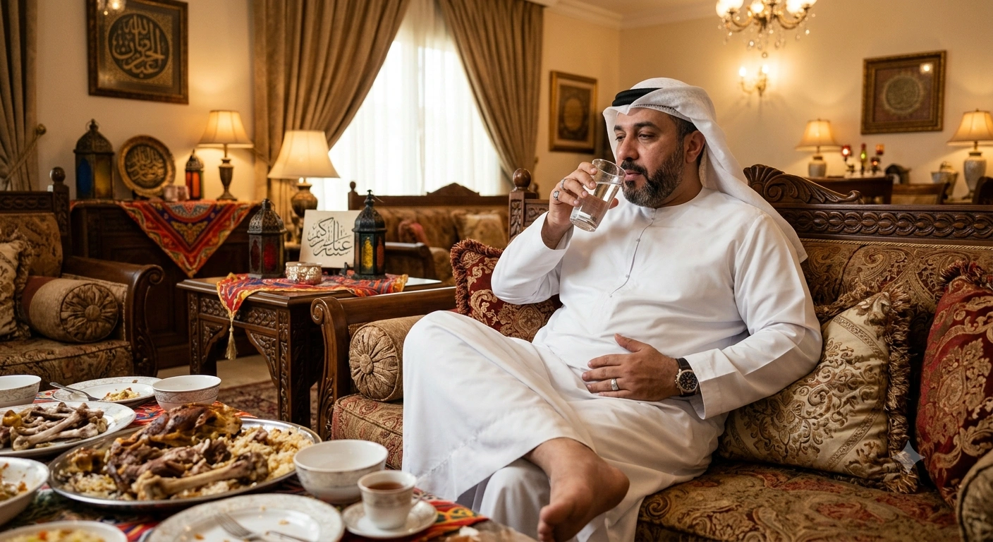 شخص يشرب الماء بعد تناول اللحم في عيد الأضحى