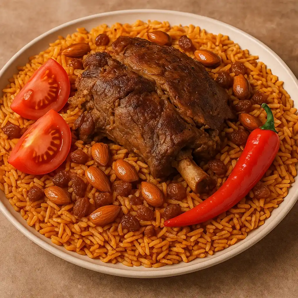 أرز بني مع اللحم المشوي