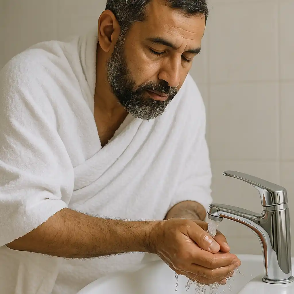 حاج بملابس الإحرام يغسل يديه
