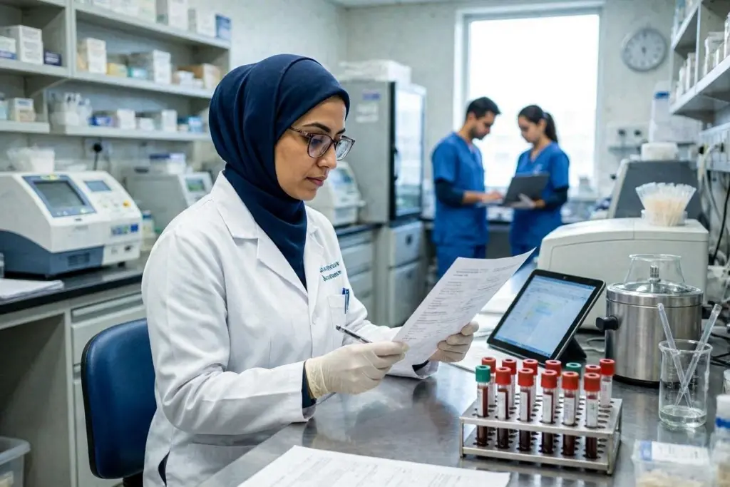 خبيرة مختبر تتفحص نتائج تحاليل