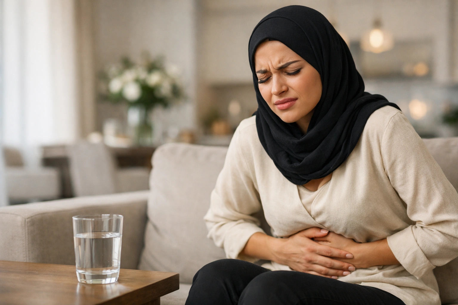 امرأة تعاني من تقلصات البطن بسبب الإسهال بعد الأكل مباشرة