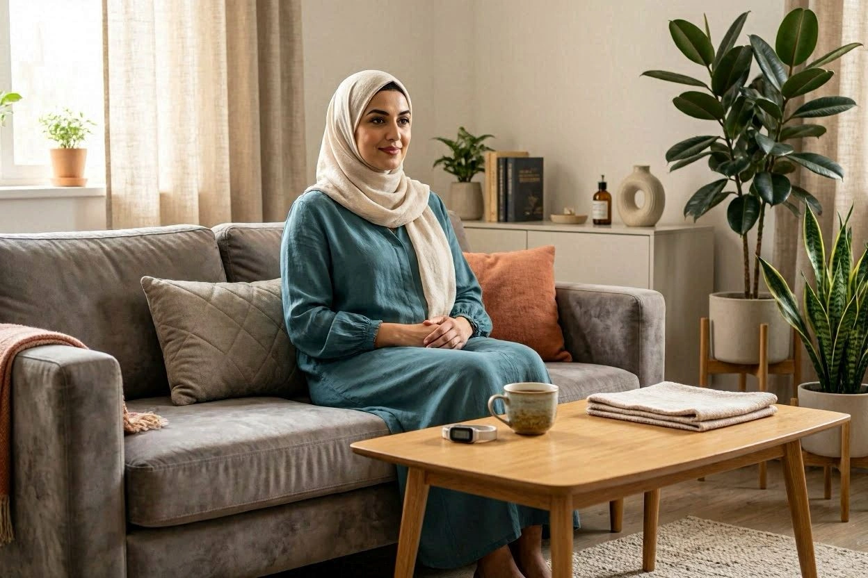 امرأة تشعر براحة في الجهاز الهضمي