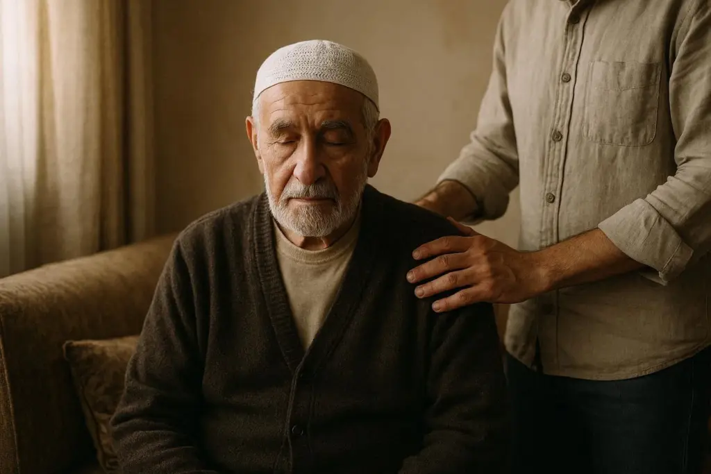 رجل كبير في السن وشخص يضع يده على كتفه