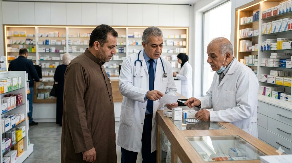 طبيب عربي وصيدلي يناقشان وصفة علاج أمام مريض في صيدلية حديثة