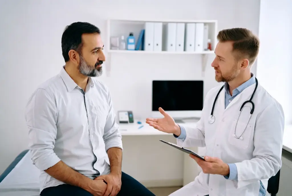 مريض يتحدث إلى طبيب في عيادة