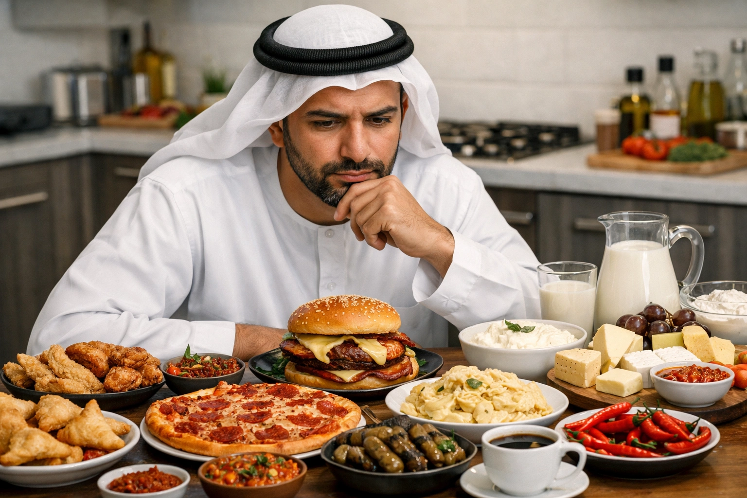 رجل يجلس امام مائدة من الأطعمة التي تحفز الإسهال