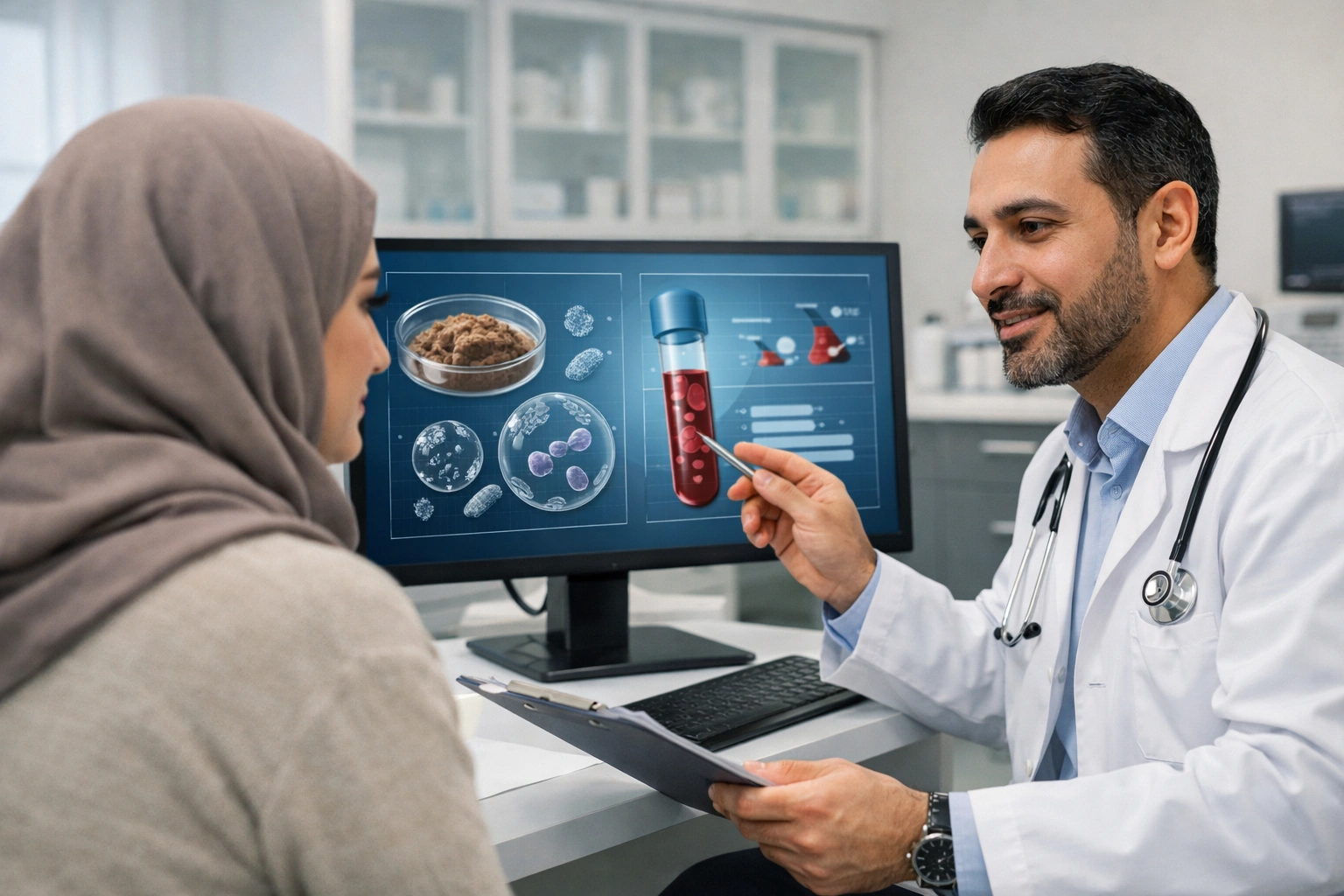 طبيب يشرح للمريضة عن الفحوصات