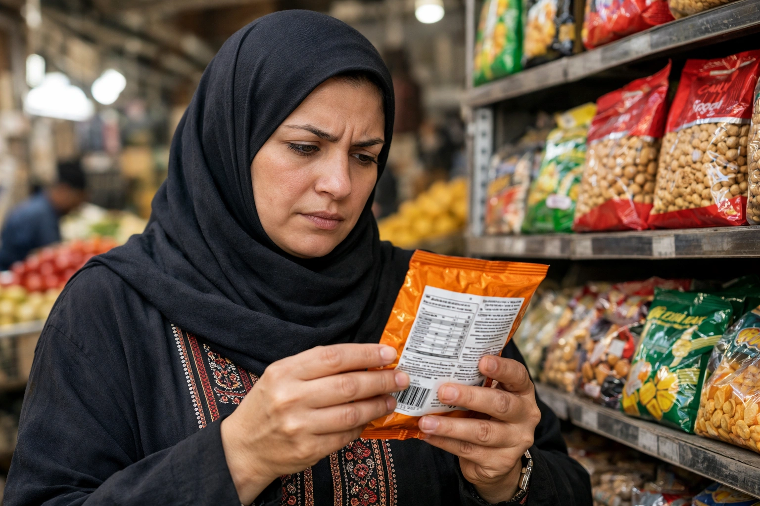 امرأة تقرأ ملصق غذائي