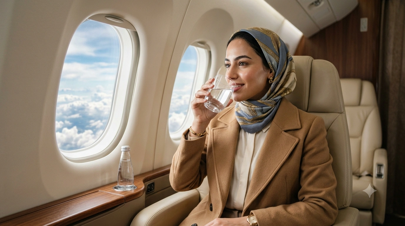 امرأة تشرب كميات وفيرة من المياه أثناء الرحلة